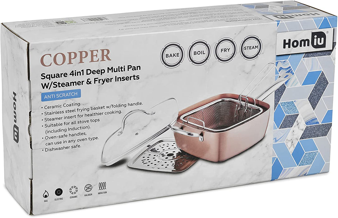 Homiu 4 In 1 Multi Pan Deep, Fry Chips Copper, Kitchen Basket, Glass Lid, Bake, Food