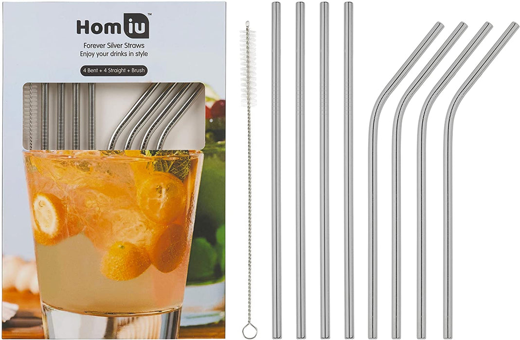 Homiu Stainless Steel Straws, Includes Cleaning Brush (Silver, 4 Bent + 4 Straight)