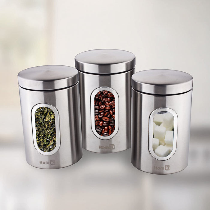 Homiu Tea Coffee and Sugar Window Canisters, Set of 3, Silver, Storage, Tea, Coffee