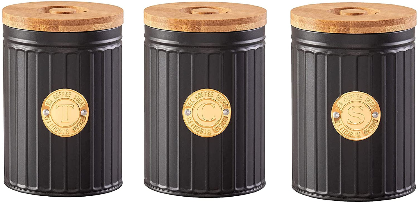 Homiu 3 Set Coffee Tea Sugar Canister Bamboo Lid Food Storage Gold Black Premium