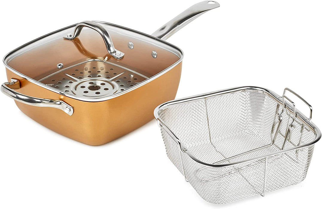 Homiu 4 In 1 Multi Pan Deep, Fry Chips Copper, Kitchen Basket, Glass Lid, Bake, Food