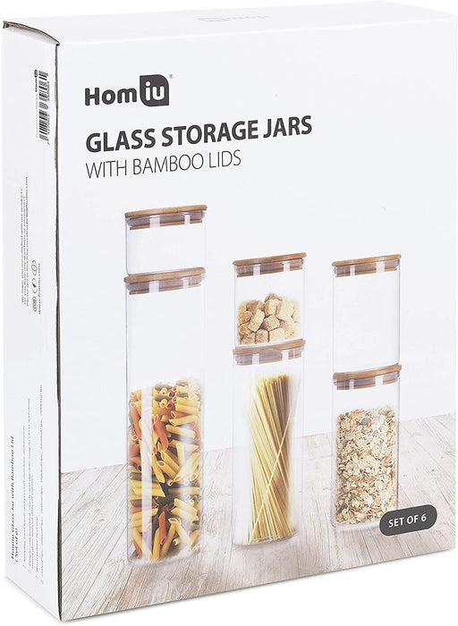 Homiu Food Storage Containers with Airtight Bamboo Lids, Glass, Set of 6 Jars
