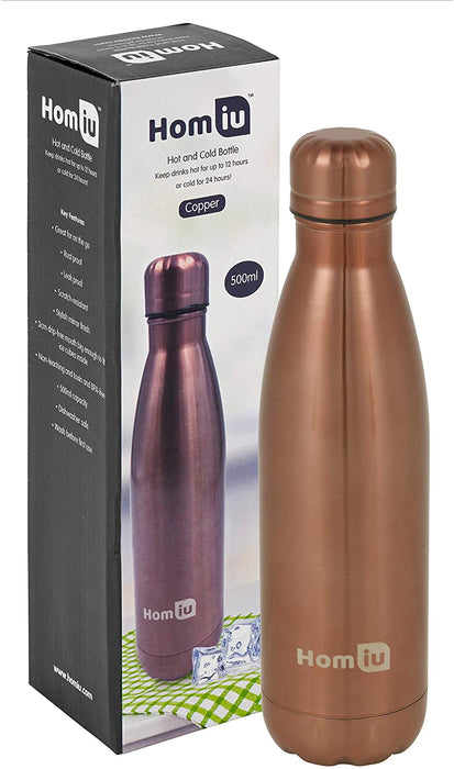Homiu Water Bottle Vacuum Insulated Flask Ultimate Hot and Cold Double Walled Stainless Steel (Copper, 500ml)