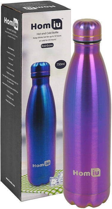 Homiu Water Bottle Vacuum Insulated Flask Ultimate Hot and Cold Double Walled Stainless Steel (Rainbow, 750ml)