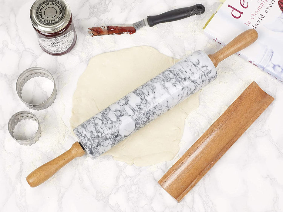 Homiu Marble Rolling Pin for Baking with Wooden Stand, Easy Clean, Hard-Wearing Speckle Finish, Non-Stick White