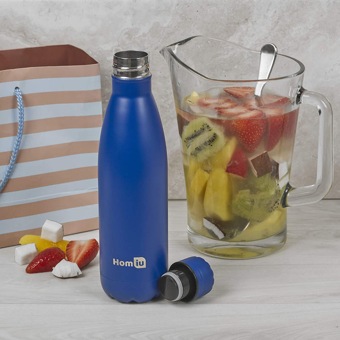 Homiu Water Bottle Vacuum Insulated Flask, Ultimate Hot and Cold, Double Walled, Stainless Steel (Blue, 500ml)