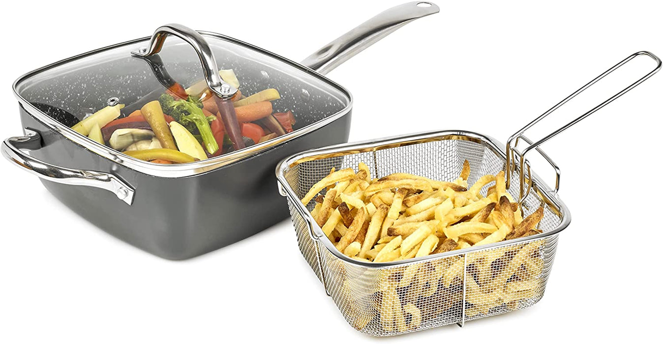 4 in 1 Non Stick Pot, Deep Multi-Use Pan with Fry Basket, Steamer Insert, Tempered Glass Lid