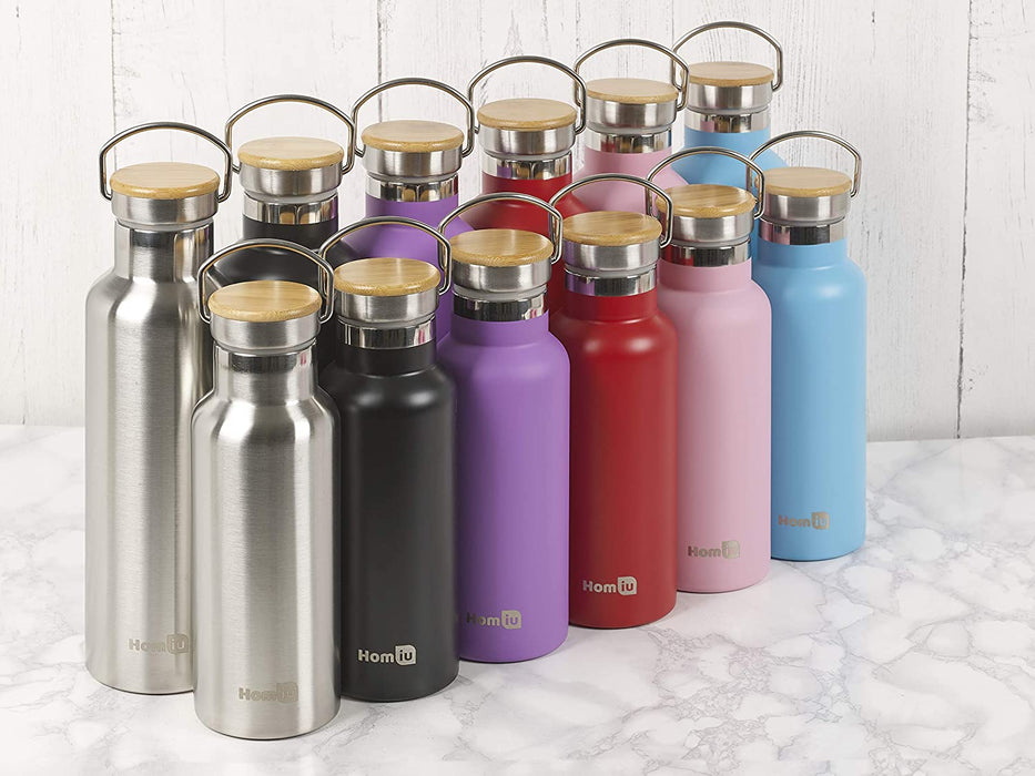 Homiu Water Bottle with Carrying Handle Insulated, Double Walled, Hot or Cold, Stainless Steel Vacuum Flask, Reusable (Purple, 750 ml)