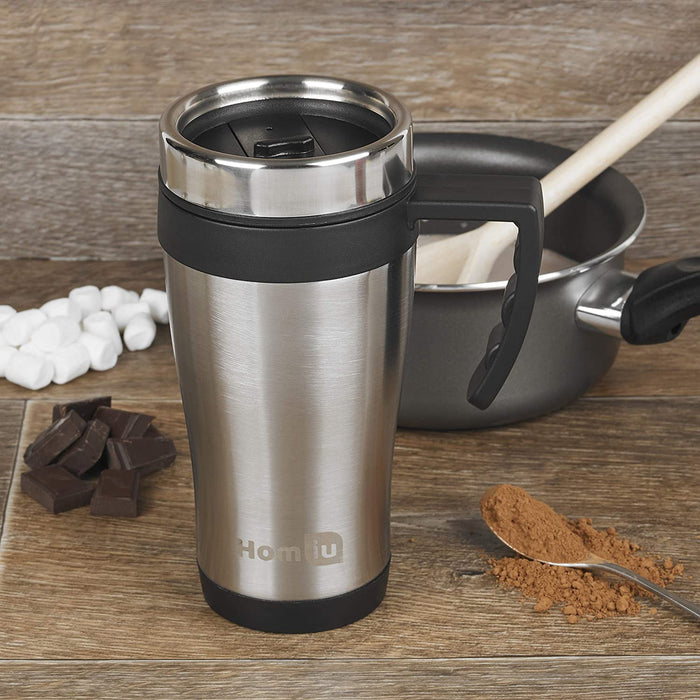 Homiu Travel Mug, Vacuum Insulated, Sleek Design (Brushed Steel 450ml)