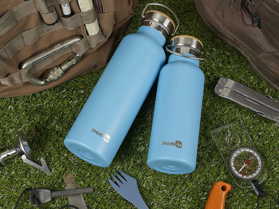 Homiu Water Bottle with Carrying Handle, Insulated, Double Walled, Hot or Cold, Stainless Steel Vacuum Flask, Reusable (Blue, 750 ml)