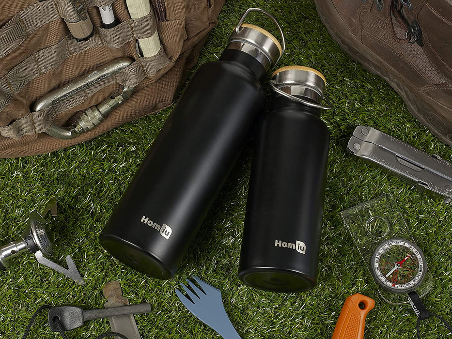 Homiu Water Bottle with Carrying Handle Insulated Double Walled Stainless Steel Vacuum Flask, Reusable (Black, 500 ml)