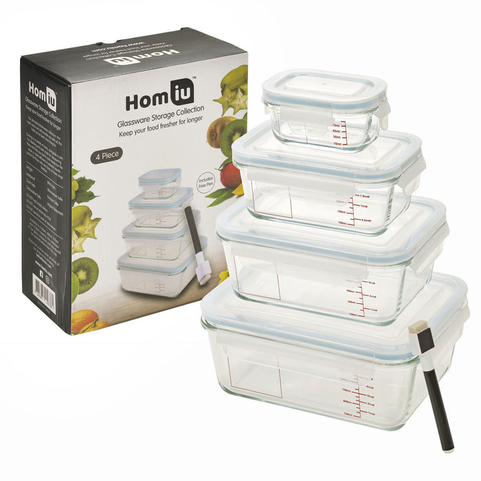 Homiu - 4pcs Glass Container with Scale, Lid & Pen