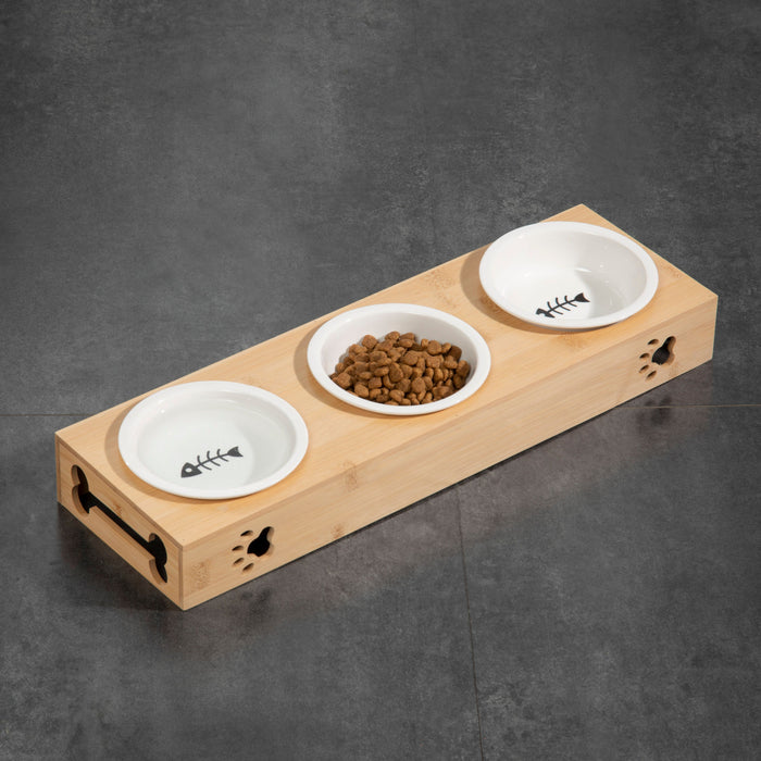 Homiu Bamboo Pet Feeding Station Dog with Set of 3 Porcelain Bowls Cats and Dogs Raised Eating, Dishwasher, Brown