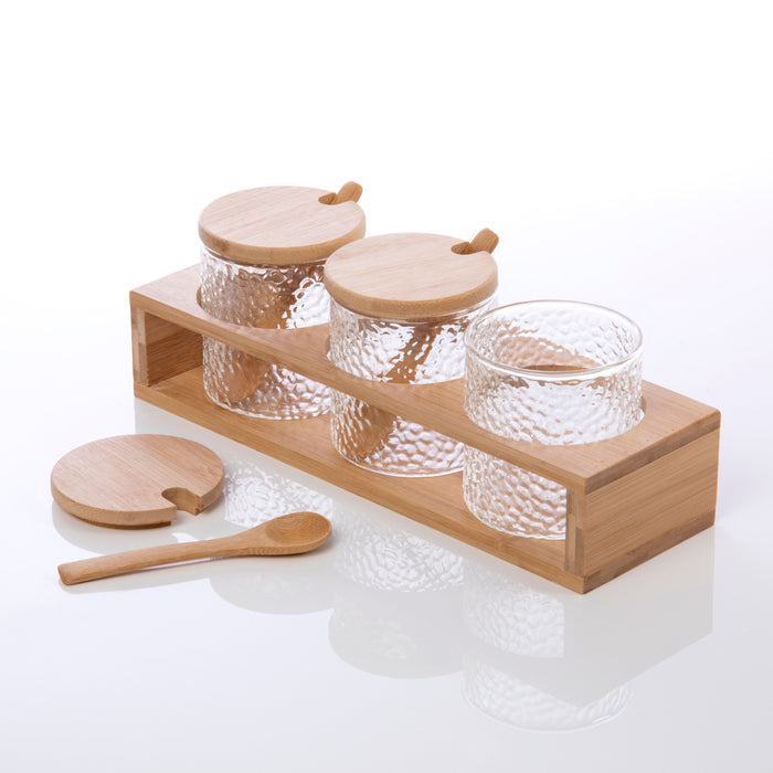Homiu Spice Jar Set, Round, 3 Pack Clear Frosted Glass Pots with Bamboo Lids, Spoons and Stand