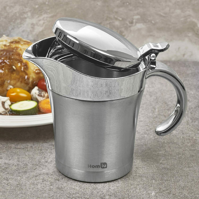 Homiu Gravy Boat Stainless Steel Double Insulated Hinged 500ML Jug Sauce Home