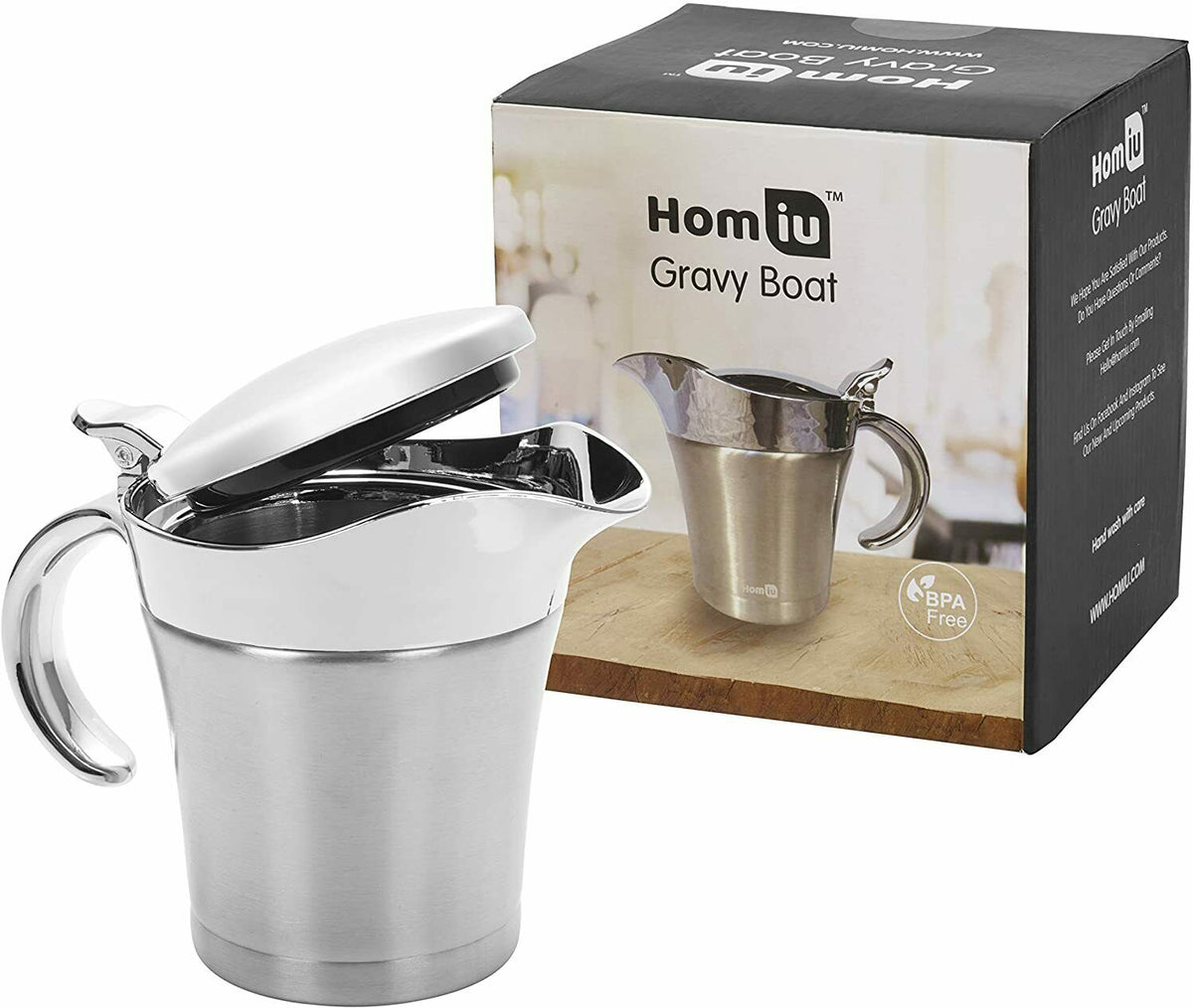 750ml Stainless Steel Double Wall Insulated Gravy Boat With Cover And Drip Free Lip Spout For Sauce, Salad, Vanilla, Cream Sauce And So On