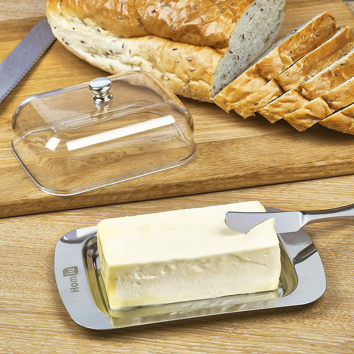 Homiu Stainless Steel Butter Dish with Lid, Plastic Keeps Butter Fresh, Lid Dish