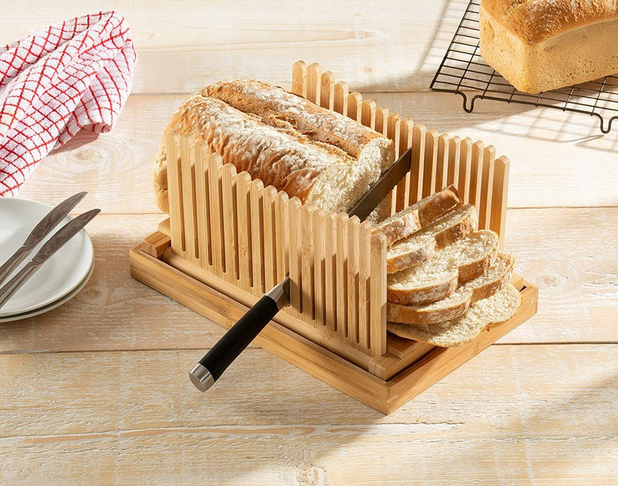 Treehouse-modern Home Essentials Bamboo Bread Slicer with Premium Stainless Steel Bread Knife - Foldable Bread Cutter with Crumbs Catcher - Lightweigh