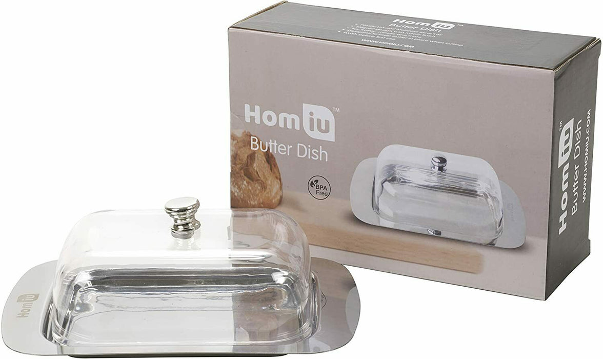 Homiu Stainless Steel Butter Dish with Lid, Plastic Keeps Butter Fresh, Lid Dish
