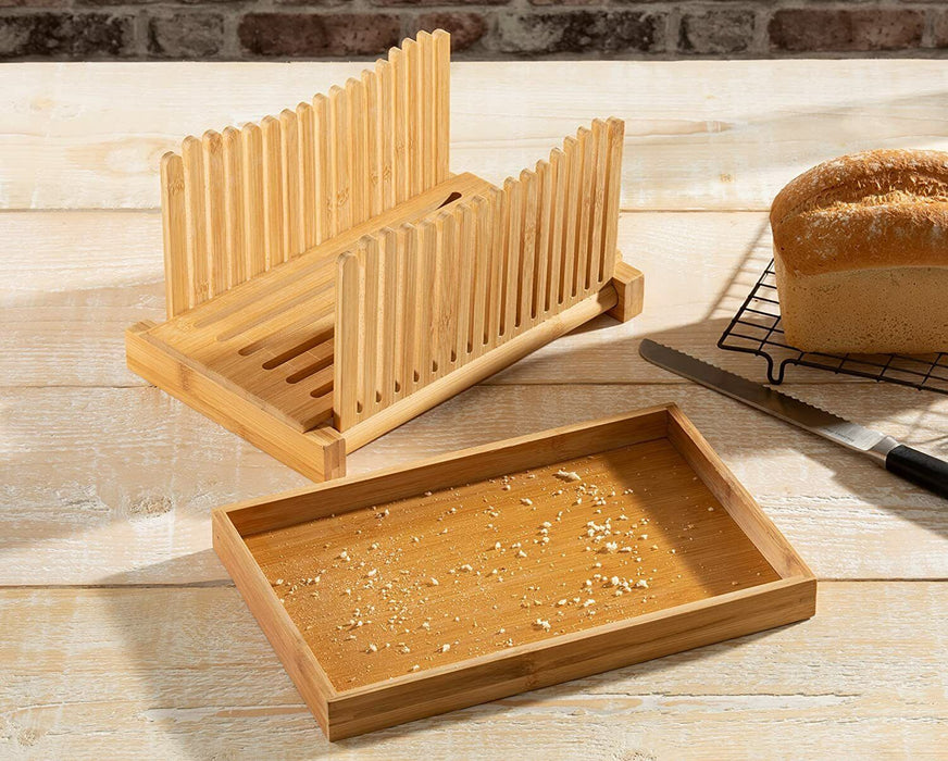 Kitchen Seven Bamboo Bread Slicer with Crumb Tray Bamboo Bread Cutter for  Homemade Bread, Loaf Cakes, Bagels Slicer, 3 Slice Sizes, Adjustable
